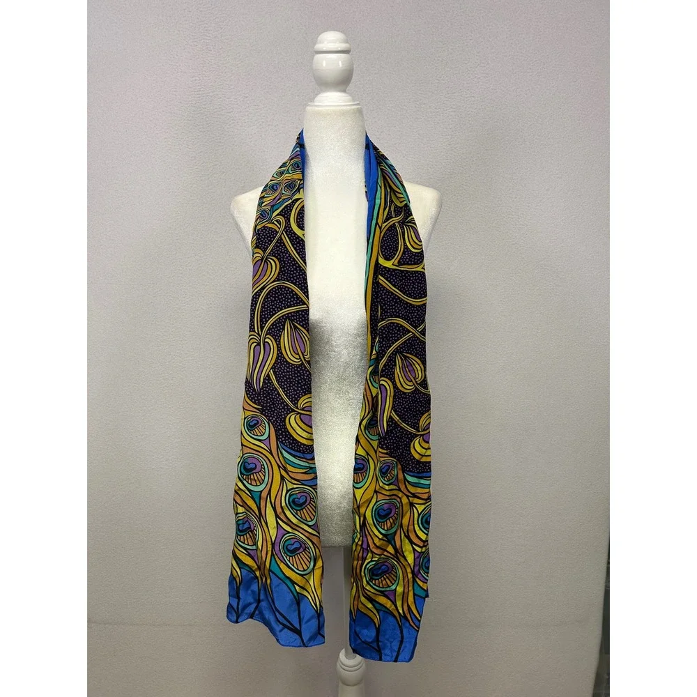 Art Nouveau Peacock Bob Mackie Womens OS Blue Silk Wearable Art Scarf